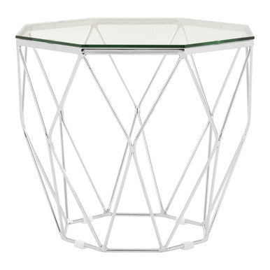 Tempered Glass Top Hexagon End Table With Silver Stainless Steel Geometric Base, Allure