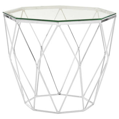 Tempered Glass Top Hexagon End Table With Silver Stainless Steel Geometric Base, Allure