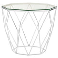 Tempered Glass Top Hexagon End Table With Silver Stainless Steel Geometric Base, Allure