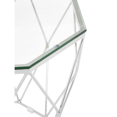 Tempered Glass Top Hexagon End Table With Silver Stainless Steel Geometric Base, Allure
