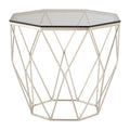 Smoke Grey Tempered Glass Top Octagonal End Table With Brushed Nickel Geometric Base, Allure