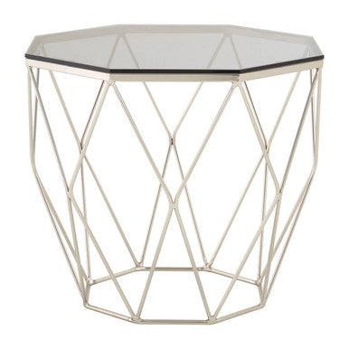 Smoke Grey Tempered Glass Top Octagonal End Table With Brushed Nickel Geometric Base, Allure