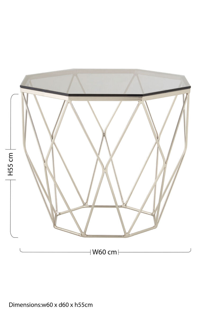 Smoke Grey Tempered Glass Top Octagonal End Table With Brushed Nickel Geometric Base, Allure