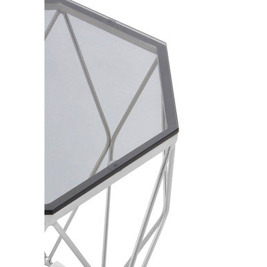 Smoke Grey Tempered Glass Top Octagonal End Table With Brushed Nickel Geometric Base, Allure