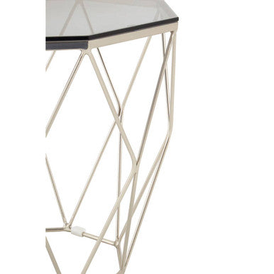 Smoke Grey Tempered Glass Top Octagonal End Table With Brushed Nickel Geometric Base, Allure