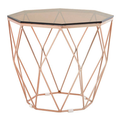 Rose Gold Metal Geometric Side Table With Hexagonal Tempered Glass Top, Allure