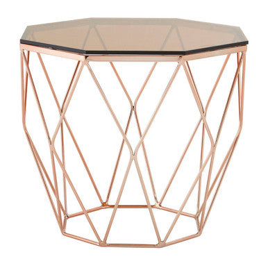 Rose Gold Metal Geometric Side Table With Hexagonal Tempered Glass Top, Allure