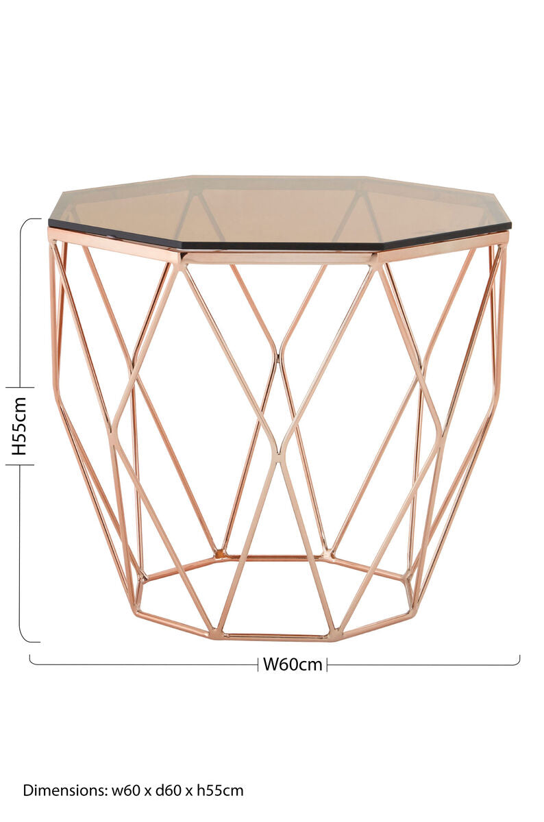 Rose Gold Metal Geometric Side Table With Hexagonal Tempered Glass Top, Allure