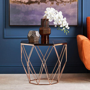 Rose Gold Metal Geometric Side Table With Hexagonal Tempered Glass Top, Allure
