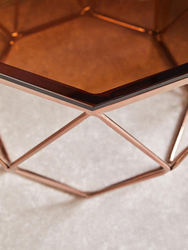 Rose Gold Metal Geometric Side Table With Hexagonal Tempered Glass Top, Allure