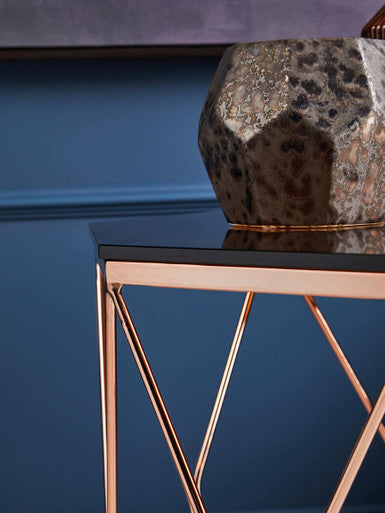 Rose Gold Metal Geometric Side Table With Hexagonal Tempered Glass Top, Allure
