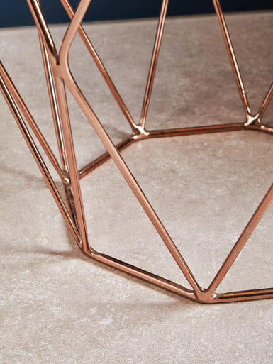 Rose Gold Metal Geometric Side Table With Hexagonal Tempered Glass Top, Allure