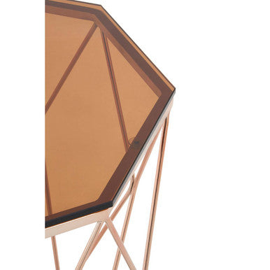 Rose Gold Metal Geometric Side Table With Hexagonal Tempered Glass Top, Allure