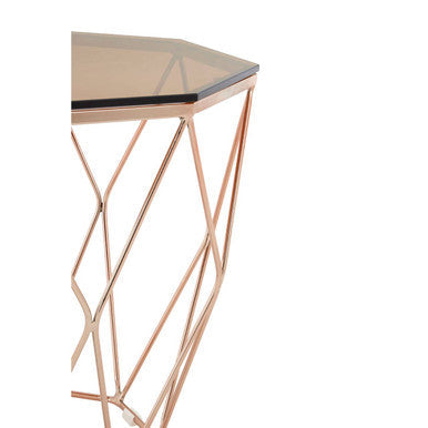 Rose Gold Metal Geometric Side Table With Hexagonal Tempered Glass Top, Allure