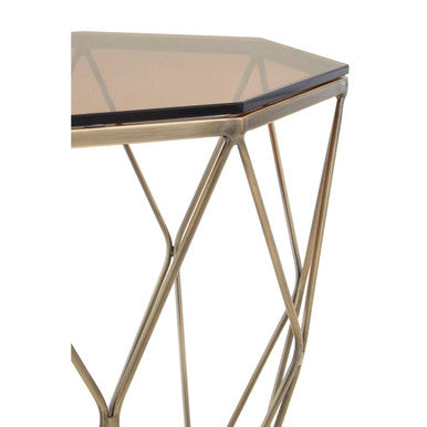 Brush Brushed Bronze Metal Geometric Side Table With Hexagonal Tempered Glass Top, Allure