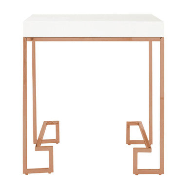 White High Gloss Wood Top End Table With Rose Gold Angled Stainless Steel Leg, Allure