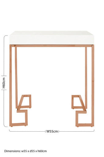 White High Gloss Wood Top End Table With Rose Gold Angled Stainless Steel Leg, Allure