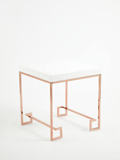 White High Gloss Wood Top End Table With Rose Gold Angled Stainless Steel Leg, Allure