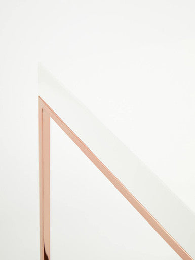 White High Gloss Wood Top End Table With Rose Gold Angled Stainless Steel Leg, Allure