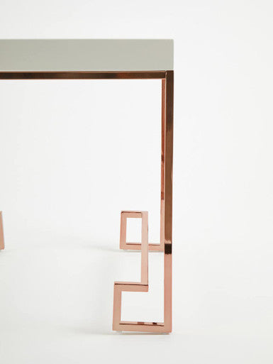 White High Gloss Wood Top End Table With Rose Gold Angled Stainless Steel Leg, Allure