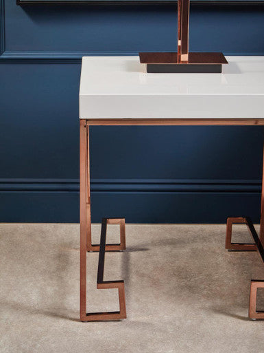 White High Gloss Wood Top End Table With Rose Gold Angled Stainless Steel Leg, Allure
