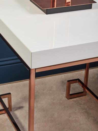 White High Gloss Wood Top End Table With Rose Gold Angled Stainless Steel Leg, Allure