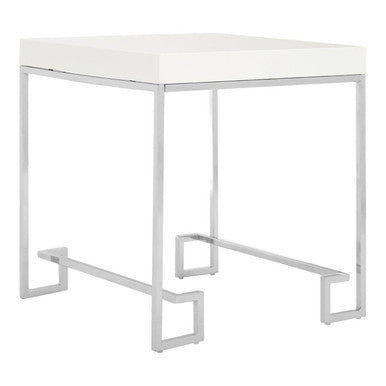 White High Gloss Wood Top End Table With Silver Chrome Angled Stainless Steel Leg, Allure
