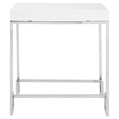 White High Gloss Wood Top End Table With Silver Chrome Angled Stainless Steel Leg, Allure