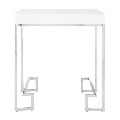 White High Gloss Wood Top End Table With Silver Chrome Angled Stainless Steel Leg, Allure
