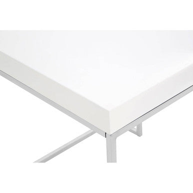 White High Gloss Wood Top End Table With Silver Chrome Angled Stainless Steel Leg, Allure