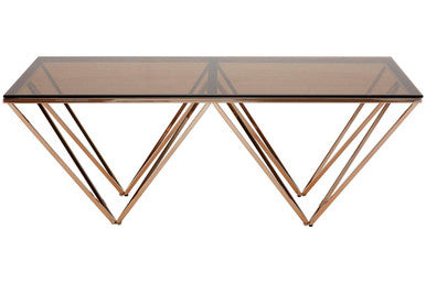 Red-Tinted Tempered Glass Top Coffee Table With Geometric Prismatic Champagne Metal Legs, Allure