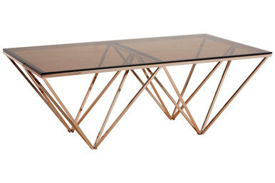 Red-Tinted Tempered Glass Top Coffee Table With Geometric Prismatic Champagne Metal Legs, Allure