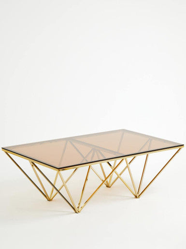 Red-Tinted Tempered Glass Top Coffee Table With Geometric Prismatic Champagne Metal Legs, Allure