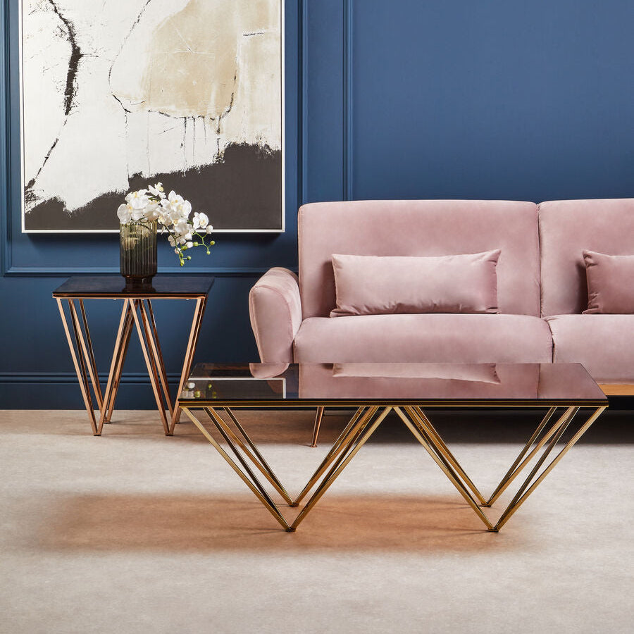 Red-Tinted Tempered Glass Top Coffee Table With Geometric Prismatic Champagne Metal Legs, Allure