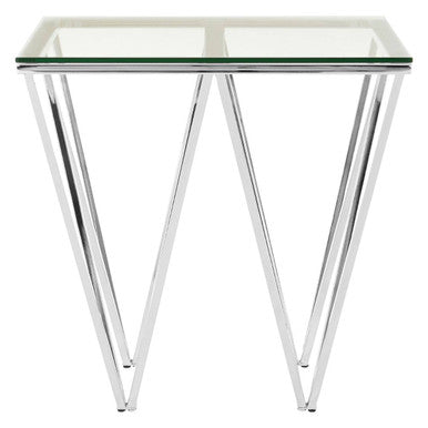 Clear Tempered Glass Coffee Table With Chrome Triangular Metal Legs, Allure