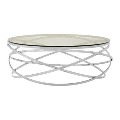 Round Tempered Glass Top Coffee Table With Silver Swirl Stainless Steel Hoop Base, Allure