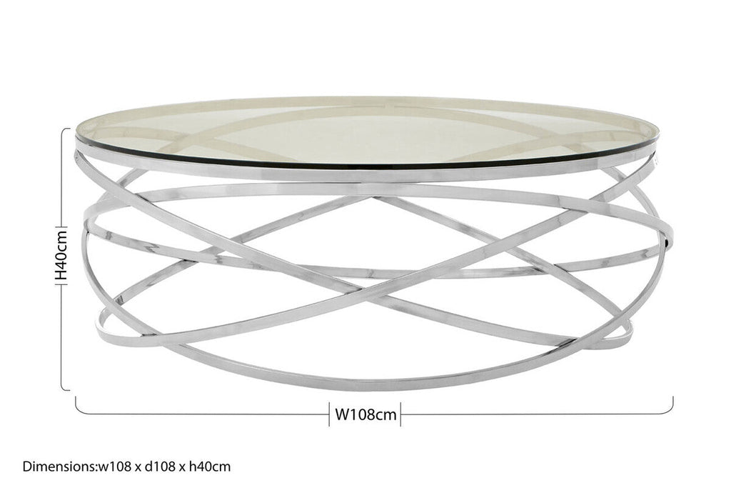 Round Tempered Glass Top Coffee Table With Silver Swirl Stainless Steel Hoop Base, Allure