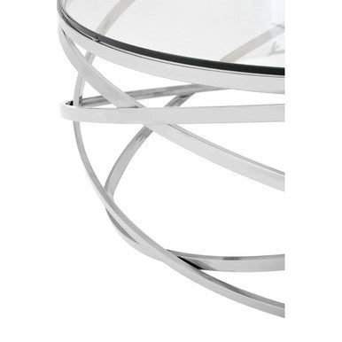Round Tempered Glass Top Coffee Table With Silver Swirl Stainless Steel Hoop Base, Allure