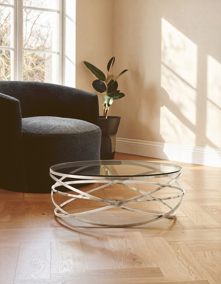 Round Tempered Glass Top Coffee Table With Silver Swirl Stainless Steel Hoop Base, Allure