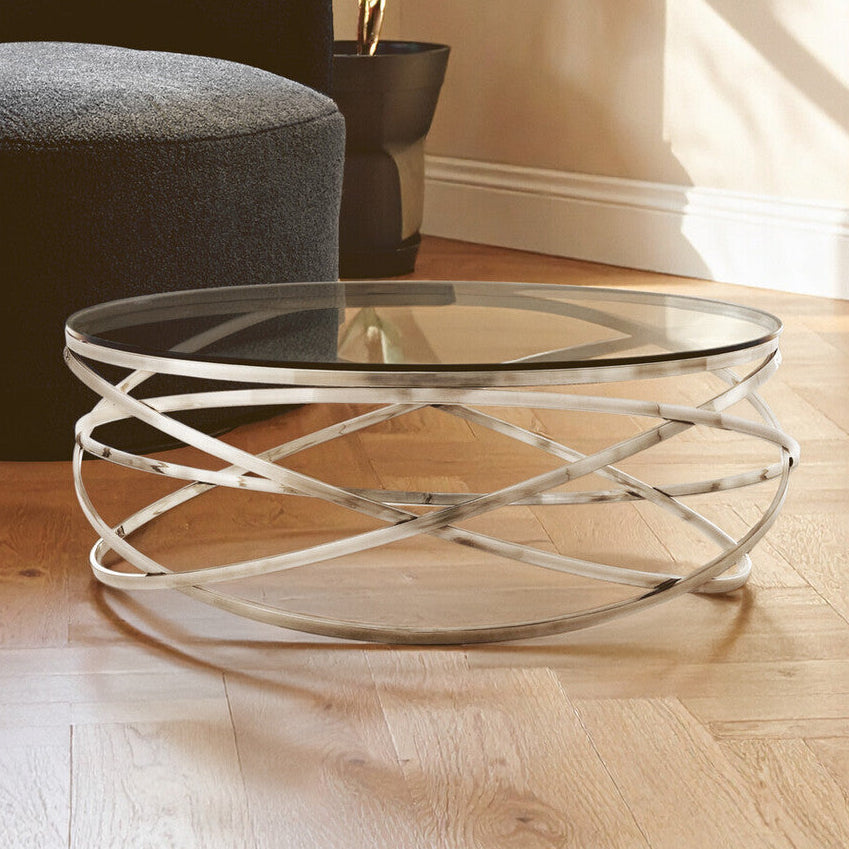 Round Tempered Glass Top Coffee Table With Silver Swirl Stainless Steel Hoop Base, Allure