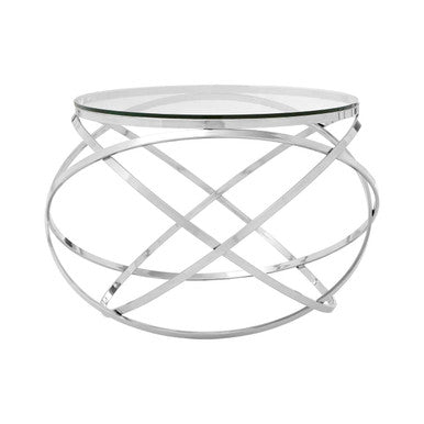Clear Glass Round Top End Table With Silver Stainless Steel Overlapping Hoop Base, Allure