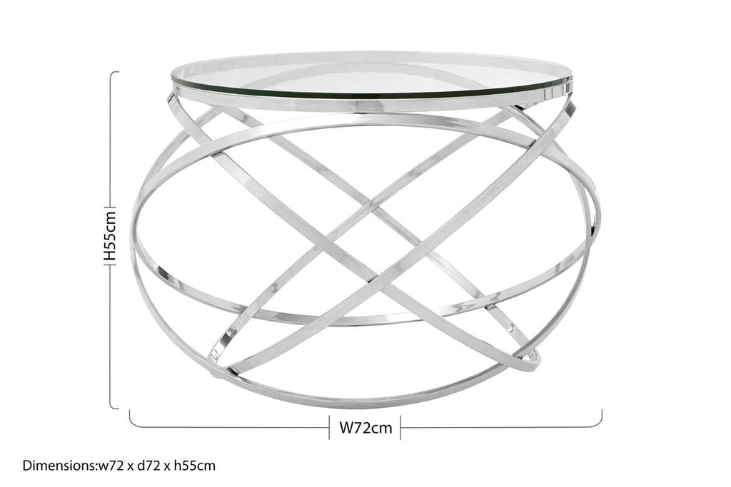 Clear Glass Round Top End Table With Silver Stainless Steel Overlapping Hoop Base, Allure