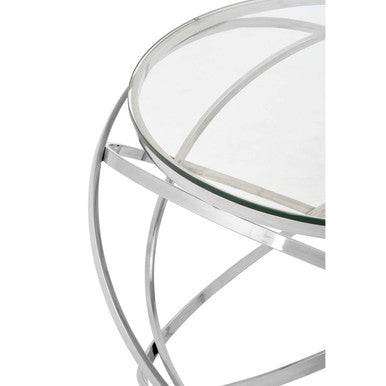 Clear Glass Round Top End Table With Silver Stainless Steel Overlapping Hoop Base, Allure