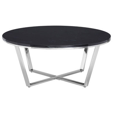 Round Black Marble Coffee Table With Chrome Lattice Leg Design, Allure