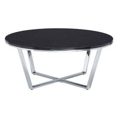 Round Black Marble Coffee Table With Chrome Lattice Leg Design, Allure