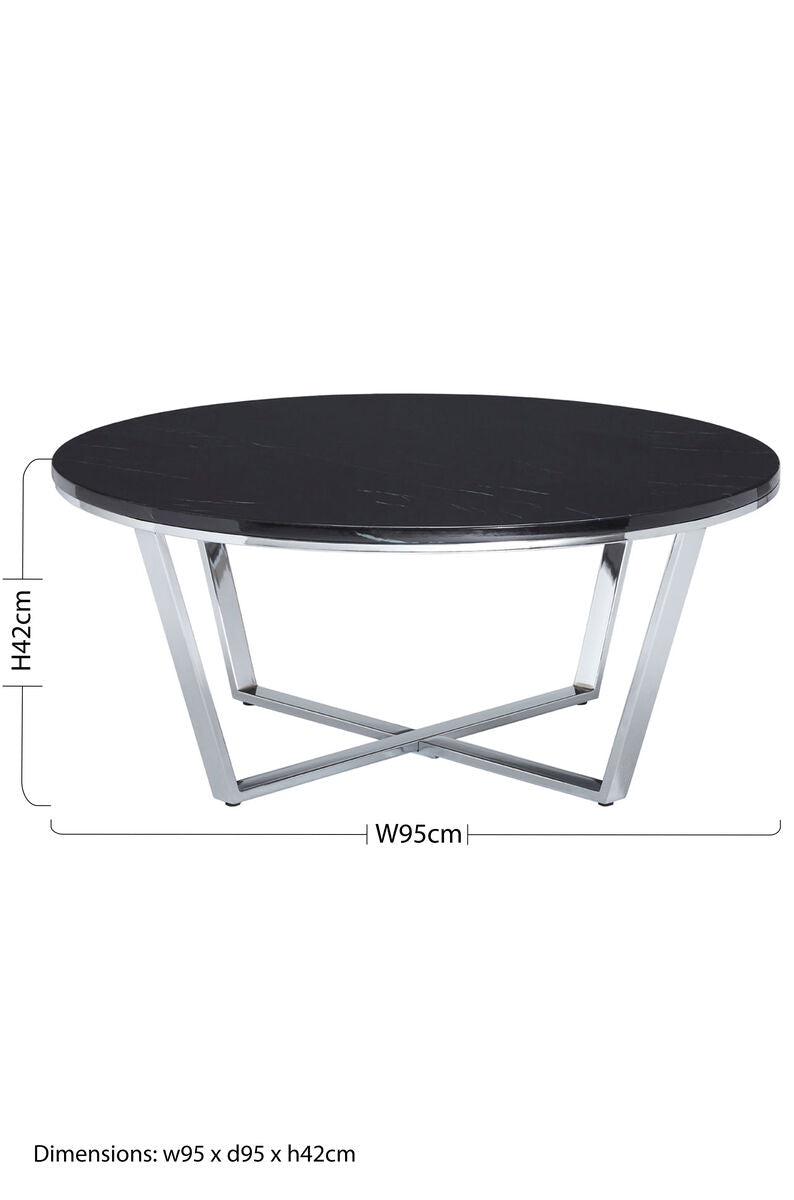 Round Black Marble Coffee Table With Chrome Lattice Leg Design, Allure