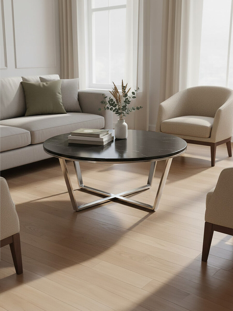 Round Black Marble Coffee Table With Chrome Lattice Leg Design, Allure