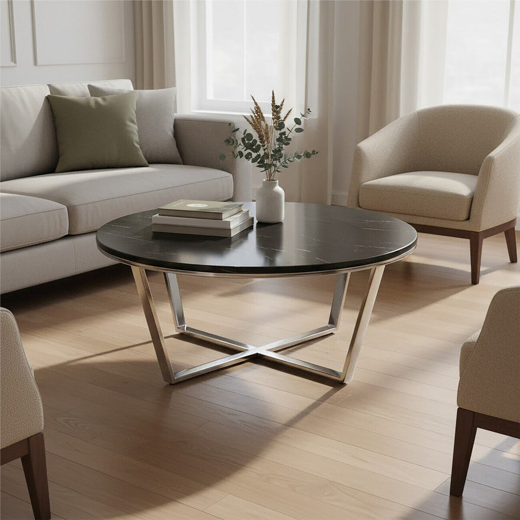 Round Black Marble Coffee Table With Chrome Lattice Leg Design, Allure