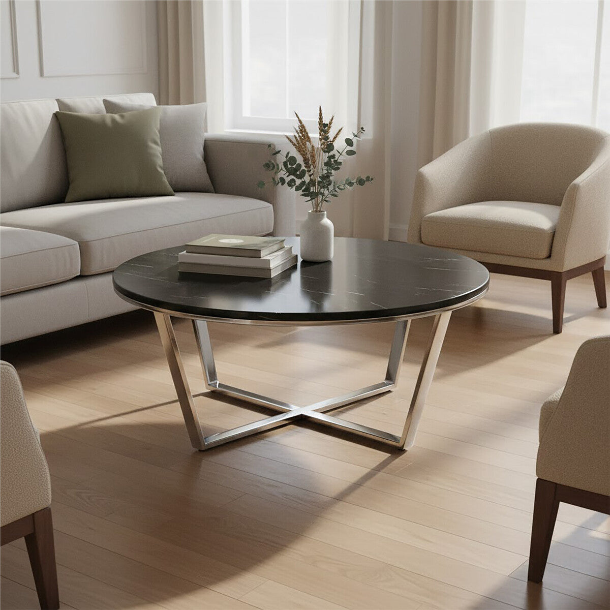 Round Black Marble Coffee Table With Chrome Lattice Leg Design, Allure