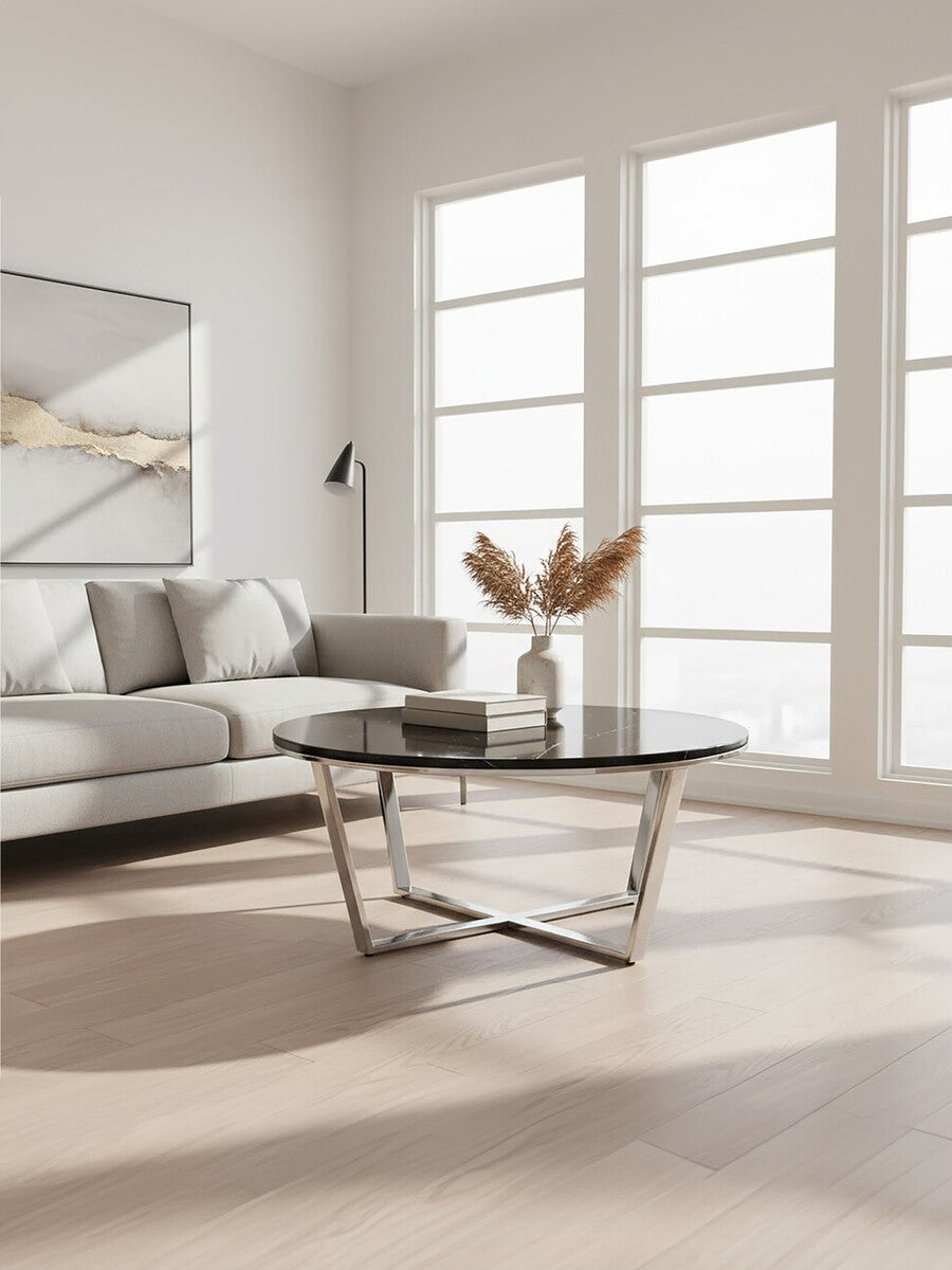 Round Black Marble Coffee Table With Chrome Lattice Leg Design, Allure